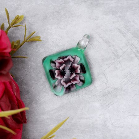 Lampwork Flower Engraved Green Diamond Glass Pendant for Necklace - 1 Piece